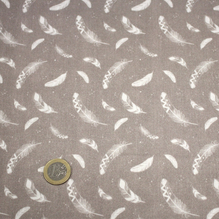 Tissu cotonnade gris clair aux plumes blanches - OEKO-TEX