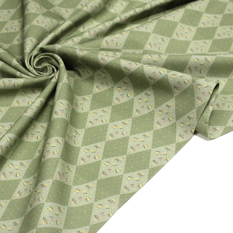 Tissu cotonnade Losanges verts & fleuris - OEKO - TEX - TissusPapi.com