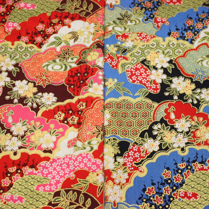 Tissu cotonnade motif japonais traditionnels : fleurs de cerisier, nuages et motifs géométriques dorés, fond bleu / rouge - COLLECTION JAPON DORÉ - TissusPapi.com