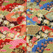 Tissu cotonnade motif japonais traditionnels : fleurs de cerisier, nuages et motifs géométriques dorés, fond bleu / rouge - COLLECTION JAPON DORÉ - TissusPapi.com