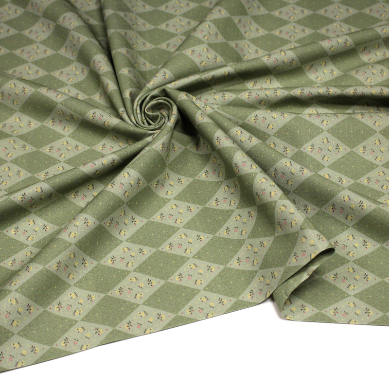 Tissu cotonnade Losanges verts & fleuris - OEKO - TEX - TissusPapi.com