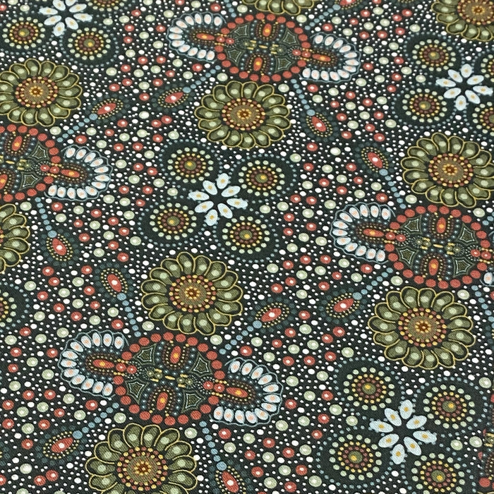 Tissu coton motifs aborigènes australiens, fleurs et pois multicolores - OEKO-TEX