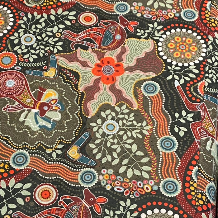 Tissu coton motifs aborigènes australiens, kangourous, fleurs et pois multicolores - OEKO-TEX