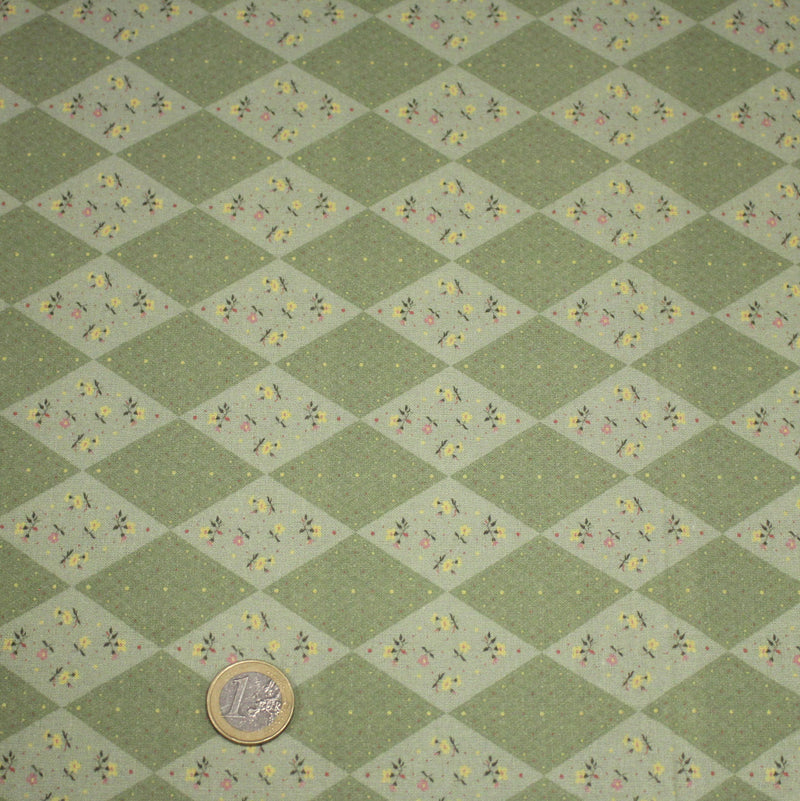 Tissu cotonnade Losanges verts & fleuris - OEKO - TEX - TissusPapi.com