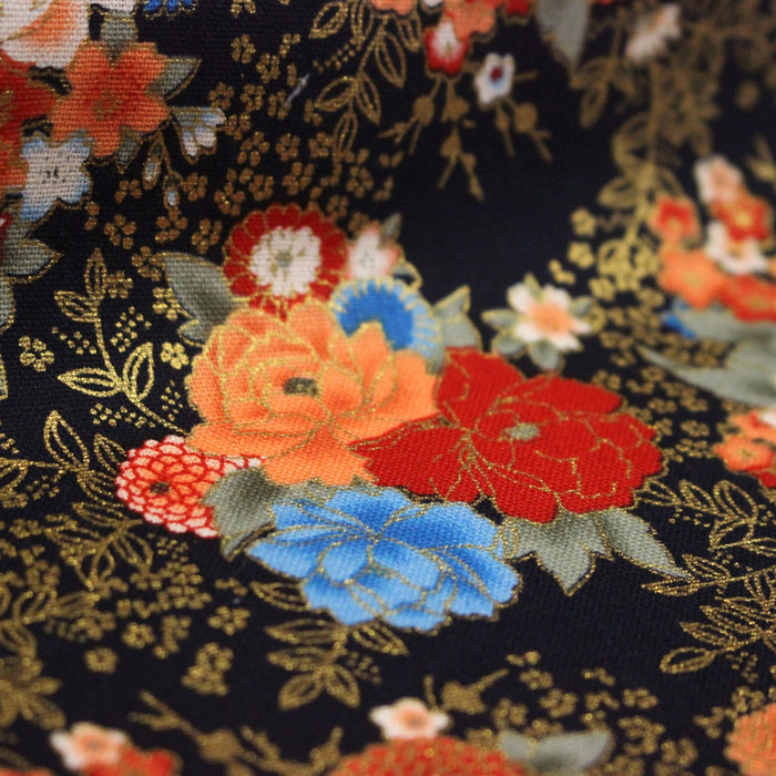 Tissu cotonnade motif japonais, roses & pivoines dorées, fond rouge ou bleu marine - COLLECTION JAPON DORÉ - TissusPapi.com