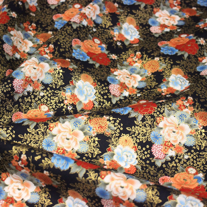 Tissu cotonnade motif japonais, roses & pivoines dorées, fond rouge ou bleu marine - COLLECTION JAPON DORÉ - TissusPapi.com