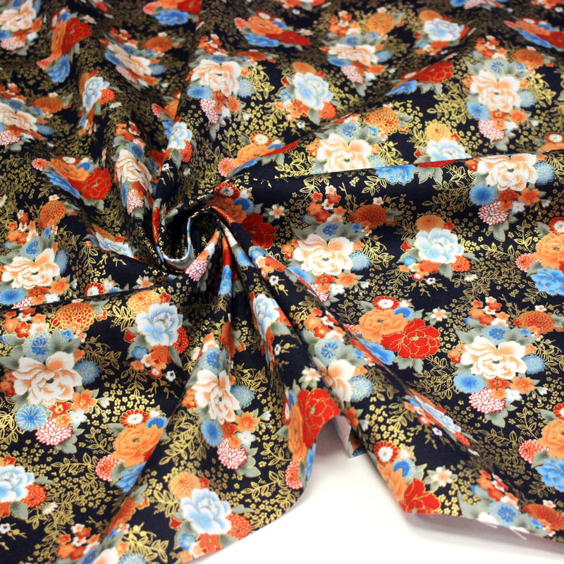 Tissu cotonnade motif japonais, roses & pivoines dorées, fond rouge ou bleu marine - COLLECTION JAPON DORÉ - TissusPapi.com