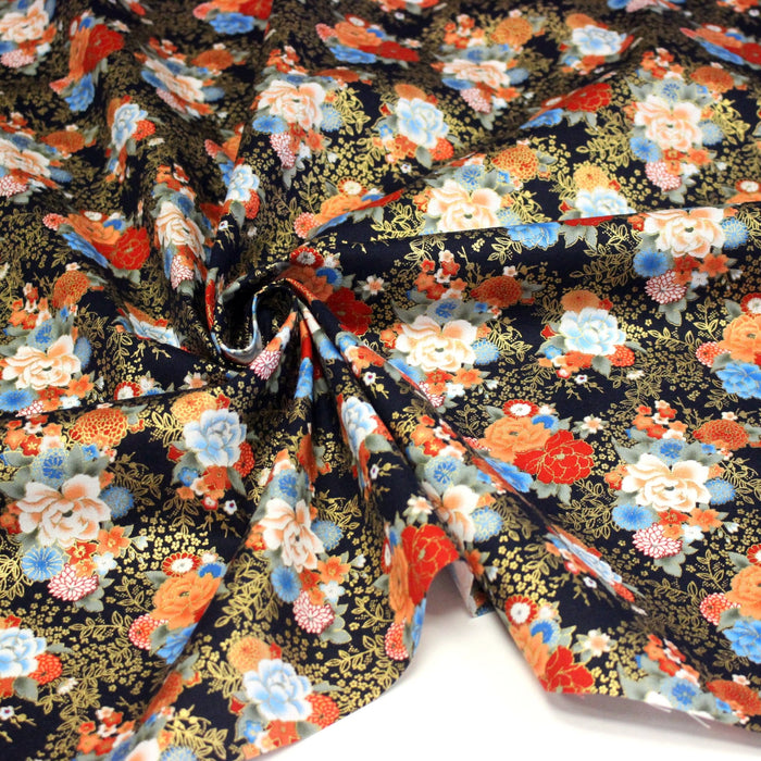 Tissu cotonnade motif japonais, roses & pivoines dorées, fond rouge ou bleu marine - COLLECTION JAPON DORÉ - TissusPapi.com