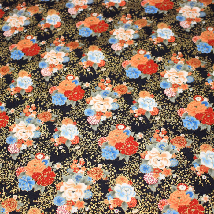Tissu cotonnade motif japonais, roses & pivoines dorées, fond rouge ou bleu marine - COLLECTION JAPON DORÉ - TissusPapi.com