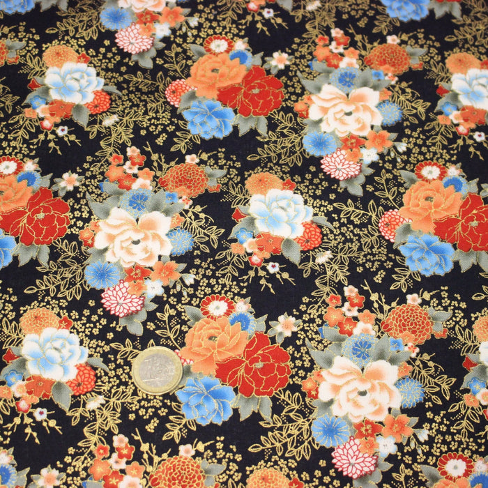 Tissu cotonnade motif japonais, roses & pivoines dorées, fond rouge ou bleu marine - COLLECTION JAPON DORÉ - TissusPapi.com