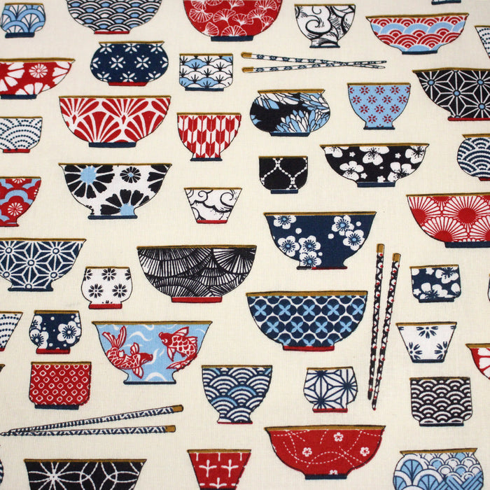 Tissu de coton aux bols de ramen & motifs traditionnels japonais - OEKO-TEX