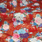 Tissu cotonnade motif japonais, roses & pivoines dorées, fond rouge ou bleu marine - COLLECTION JAPON DORÉ - TissusPapi.com