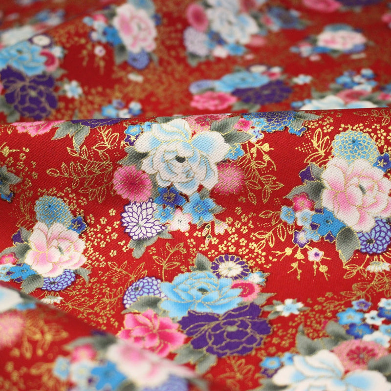 Tissu cotonnade motif japonais, roses & pivoines dorées, fond rouge ou bleu marine - COLLECTION JAPON DORÉ - TissusPapi.com