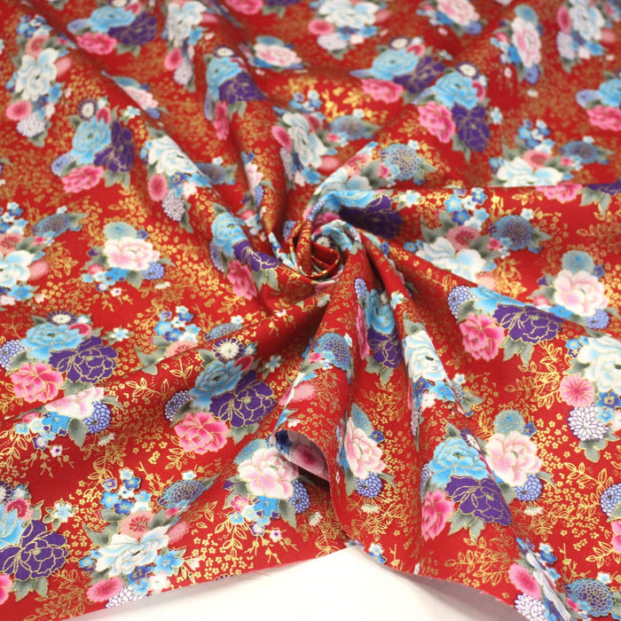 Tissu cotonnade motif japonais, roses & pivoines dorées, fond rouge ou bleu marine - COLLECTION JAPON DORÉ - TissusPapi.com