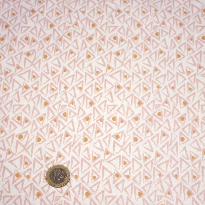 Tissu cotonnade blanc aux triangles roses & pois oranges - OEKO-TEX