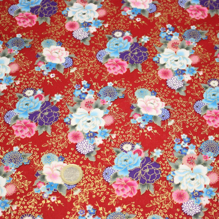 Tissu cotonnade motif japonais, roses & pivoines dorées, fond rouge ou bleu marine - COLLECTION JAPON DORÉ - TissusPapi.com