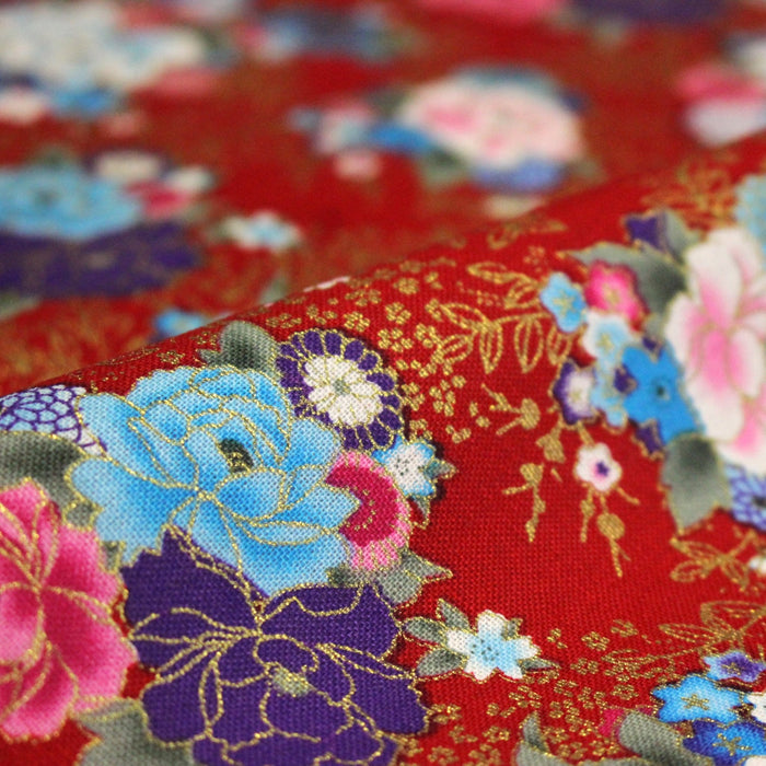 Tissu cotonnade motif japonais, roses & pivoines dorées, fond rouge ou bleu marine - COLLECTION JAPON DORÉ - TissusPapi.com