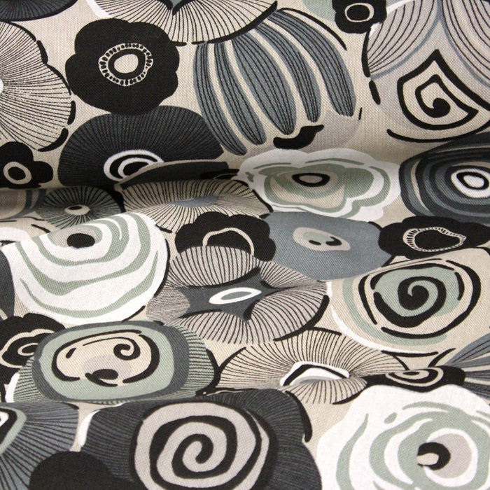 Tissu de coton demi-natté lin aux fleurs graphiques et colorées, tons verts & noirs - COLLECTION HELSINKI