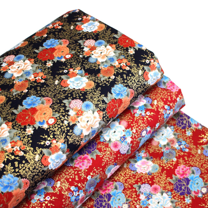 Tissu cotonnade motif japonais, roses & pivoines dorées, fond rouge ou bleu marine - COLLECTION JAPON DORÉ - TissusPapi.com