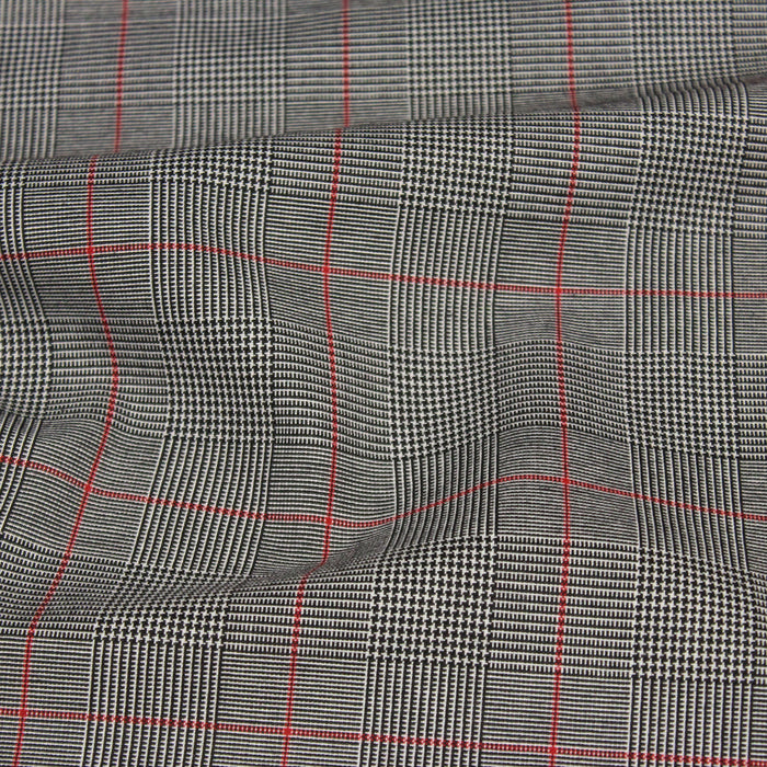 Tissu draperie Prince de Galles noir & blanc, liserés rouges