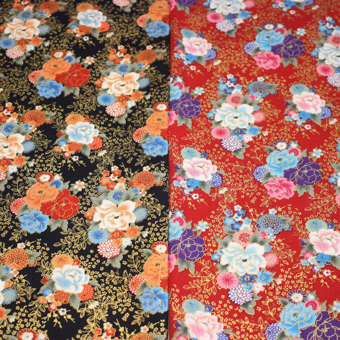Tissu cotonnade motif japonais, roses & pivoines dorées, fond rouge ou bleu marine - COLLECTION JAPON DORÉ - TissusPapi.com