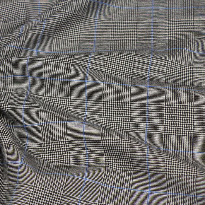 Tissu draperie Prince de Galles noir & blanc, liserés bleus