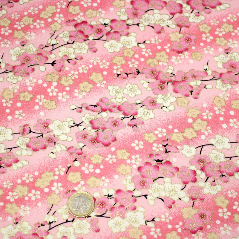 Tissu cotonnade motif japonais fleurs de cerisier : tons roses ou tons bleus– COLLECTION JAPON DORÉ - TissusPapi.com