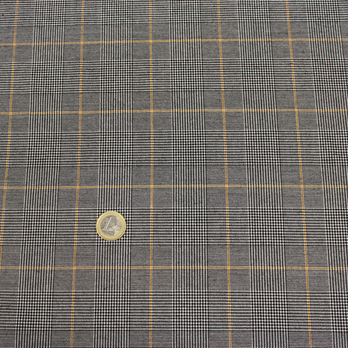 Tissu draperie Prince de Galles noir & blanc, liserés jaunes
