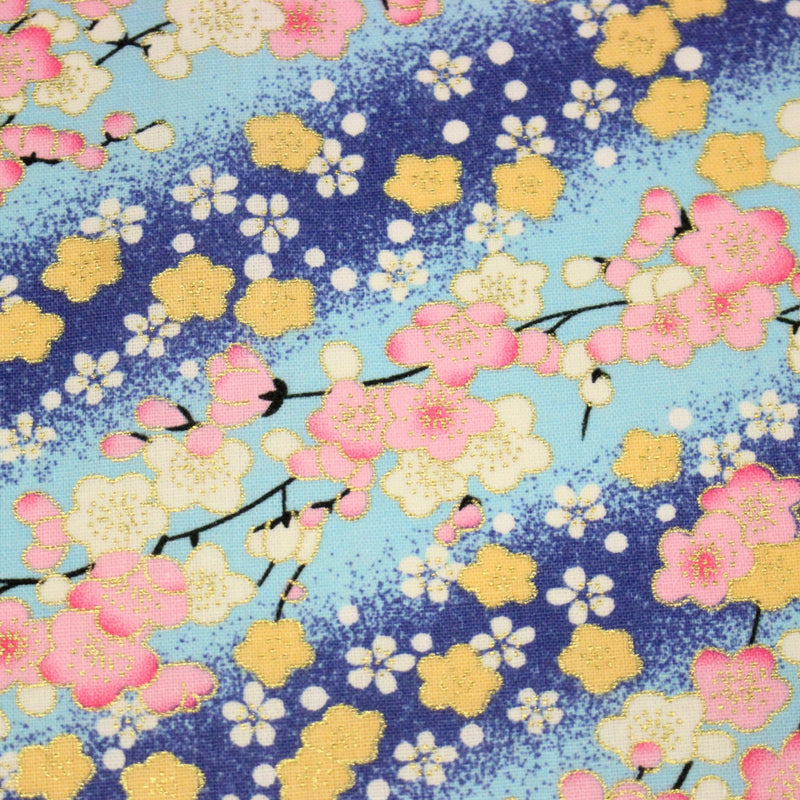 Tissu cotonnade motif japonais fleurs de cerisier : tons roses ou tons bleus– COLLECTION JAPON DORÉ - TissusPapi.com