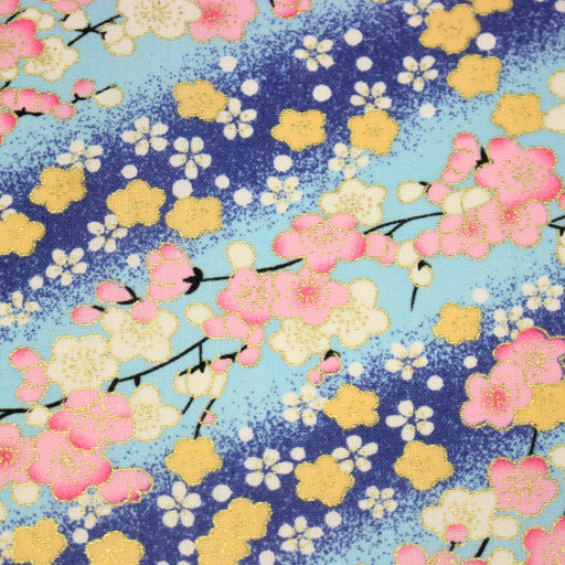 Tissu cotonnade motif japonais fleurs de cerisier : tons roses ou tons bleus– COLLECTION JAPON DORÉ - TissusPapi.com