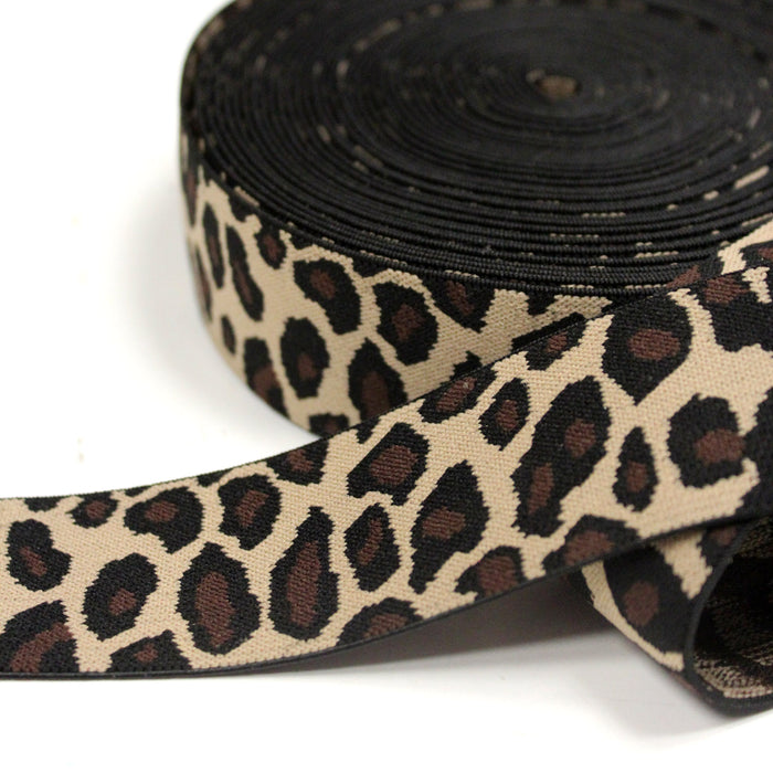 Ruban élastique motif léopard écru, noir et marron, largeur 38mm