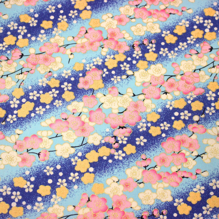 Tissu cotonnade motif japonais fleurs de cerisier : tons roses ou tons bleus– COLLECTION JAPON DORÉ - TissusPapi.com