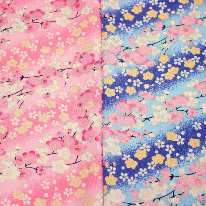 Tissu cotonnade motif japonais fleurs de cerisier : tons roses ou tons bleus– COLLECTION JAPON DORÉ - TissusPapi.com