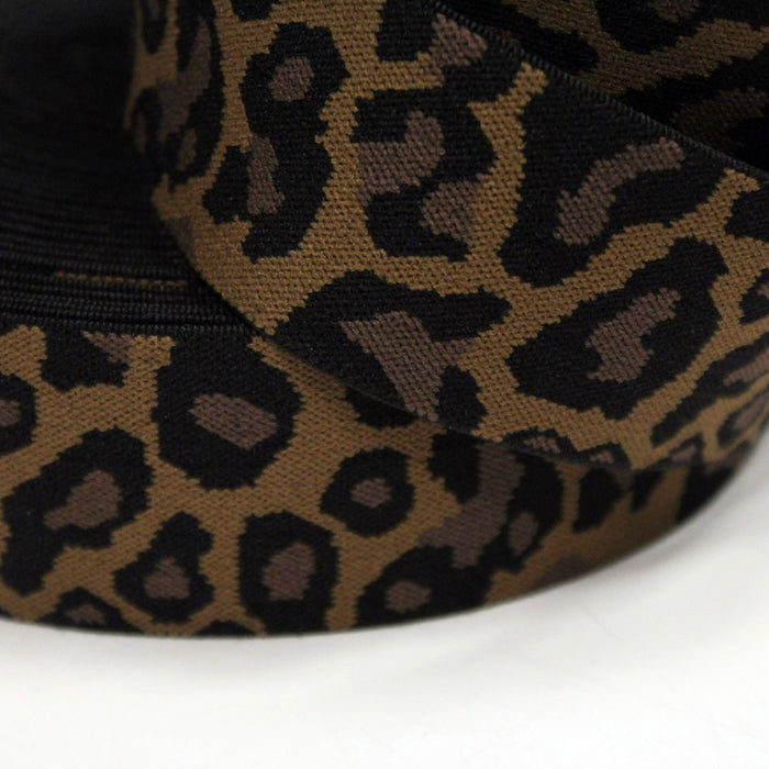 Ruban élastique motif léopard ocre, noir et marron, largeur 38mm