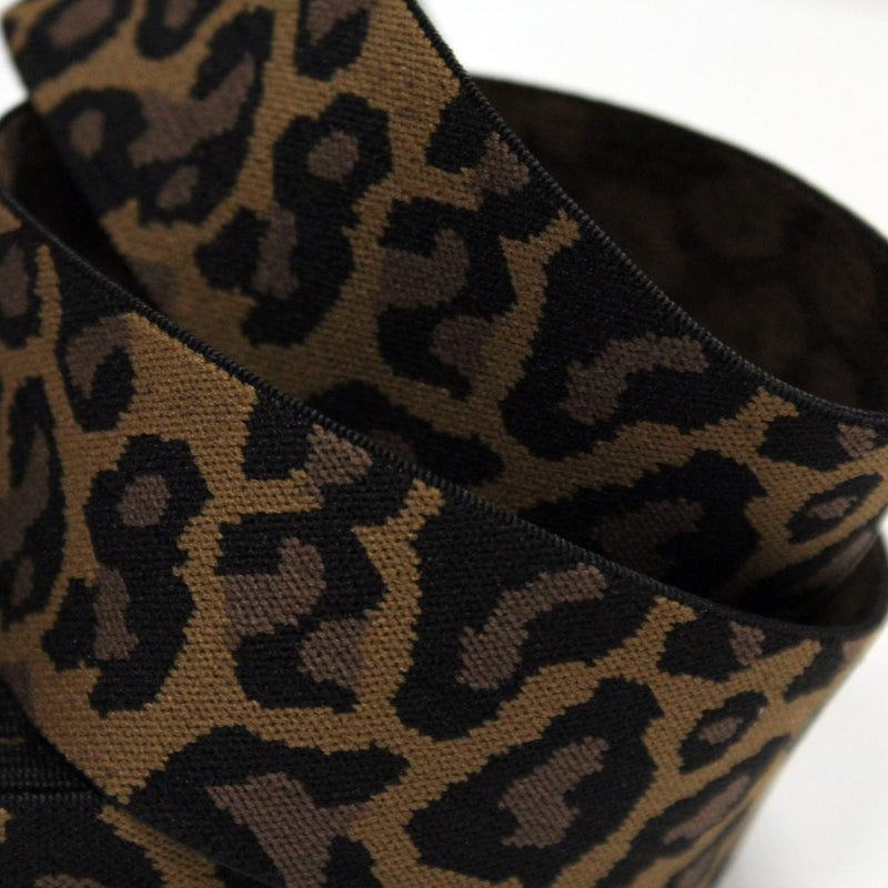 Ruban élastique motif léopard ocre, noir et marron, largeur 38mm - TissusPapi.com