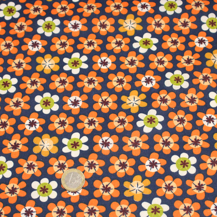 Tissu cotonnade bleu aux fleurs oranges seventies - OEKO-TEX STANDARD 100