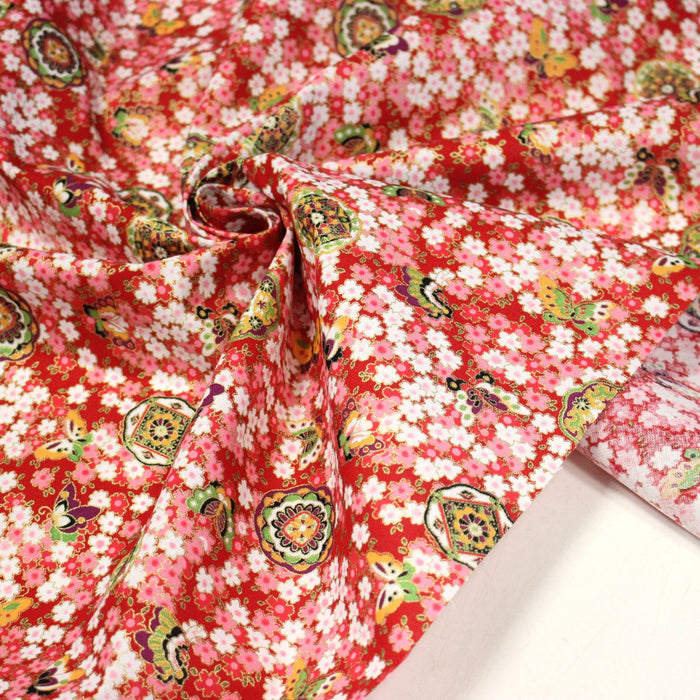 Tissu cotonnade motif japonais fleurs de cerisier, papillons et médaillons dorés, trois couleurs - COLLECTION JAPON DORÉ - TissusPapi.com