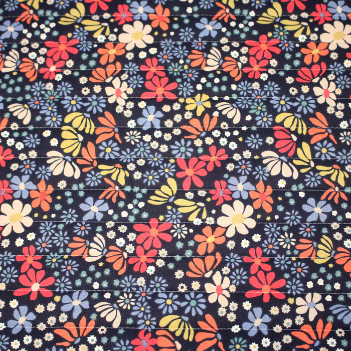 Tissu Matelassé coton motif fleuri Seventies et verso petit fleuri fond bleu marine - OEKO-TEX