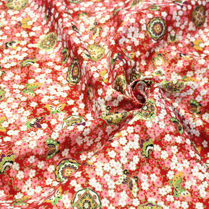 Tissu cotonnade motif japonais fleurs de cerisier, papillons et médaillons dorés, trois couleurs - COLLECTION JAPON DORÉ - TissusPapi.com