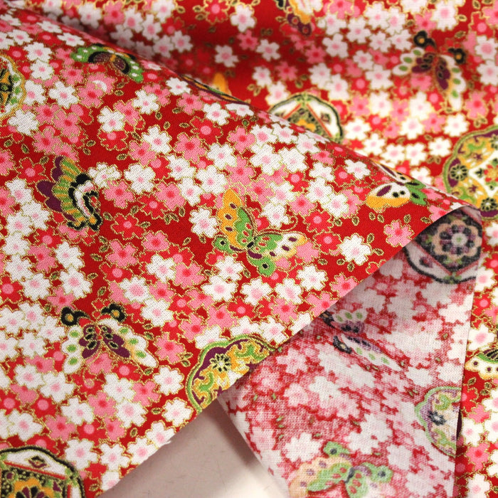 Tissu cotonnade motif japonais fleurs de cerisier, papillons et médaillons dorés, trois couleurs - COLLECTION JAPON DORÉ - TissusPapi.com