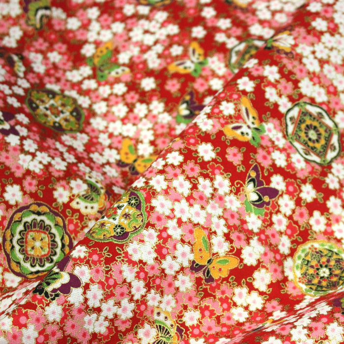 Tissu cotonnade motif japonais fleurs de cerisier, papillons et médaillons dorés, trois couleurs - COLLECTION JAPON DORÉ - TissusPapi.com