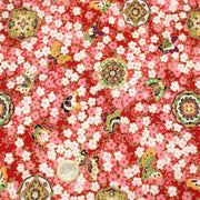 Tissu cotonnade motif japonais fleurs de cerisier, papillons et médaillons dorés, trois couleurs - COLLECTION JAPON DORÉ - TissusPapi.com