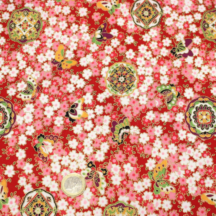 Tissu cotonnade motif japonais fleurs de cerisier, papillons et médaillons dorés, trois couleurs - COLLECTION JAPON DORÉ - TissusPapi.com