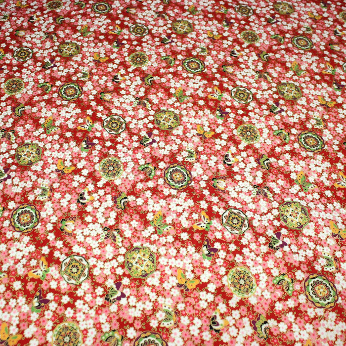 Tissu cotonnade motif japonais fleurs de cerisier, papillons et médaillons dorés, trois couleurs - COLLECTION JAPON DORÉ - TissusPapi.com