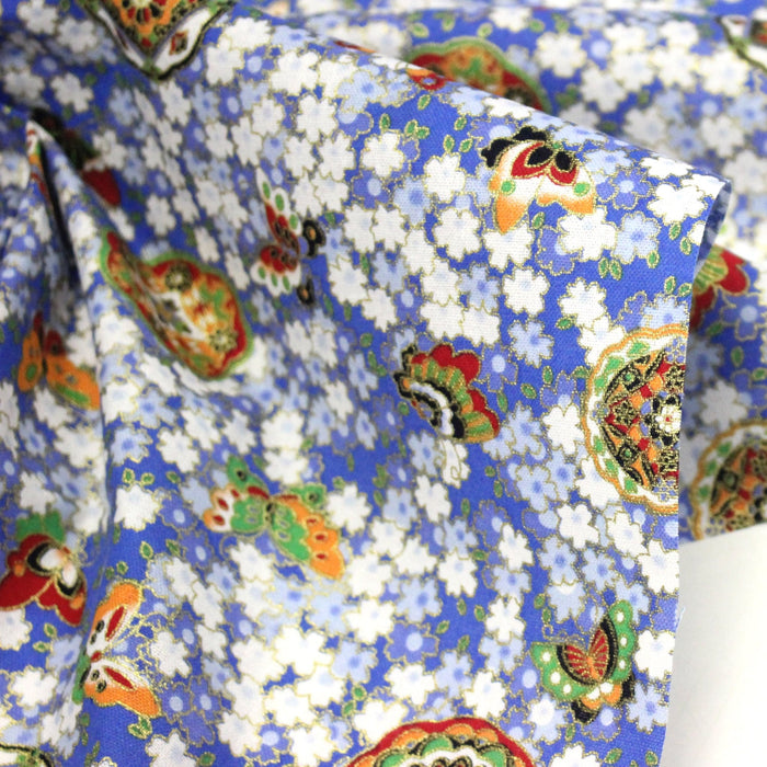 Tissu cotonnade motif japonais fleurs de cerisier, papillons et médaillons dorés, trois couleurs - COLLECTION JAPON DORÉ - TissusPapi.com