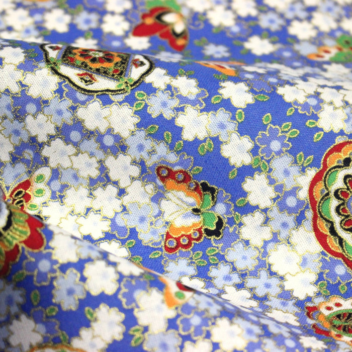 Tissu cotonnade motif japonais fleurs de cerisier, papillons et médaillons dorés, trois couleurs - COLLECTION JAPON DORÉ - TissusPapi.com