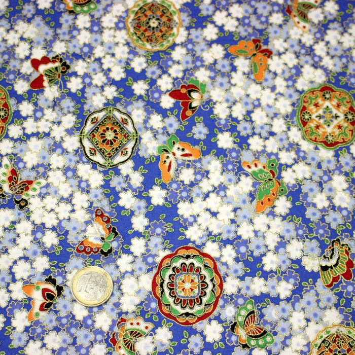 Tissu cotonnade motif japonais fleurs de cerisier, papillons et médaillons dorés, trois couleurs - COLLECTION JAPON DORÉ - TissusPapi.com