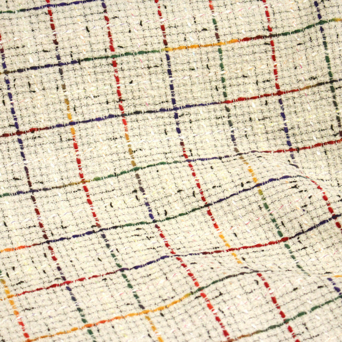 Tissu tweed écru, aux fils multicolores bleu rouge jaune vert - Fabrication française