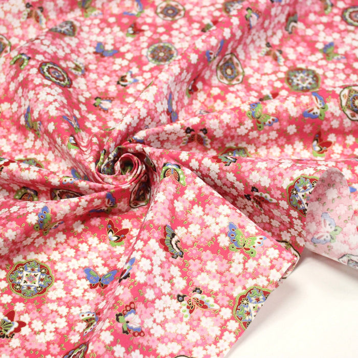 Tissu cotonnade motif japonais fleurs de cerisier, papillons et médaillons dorés, trois couleurs - COLLECTION JAPON DORÉ - TissusPapi.com