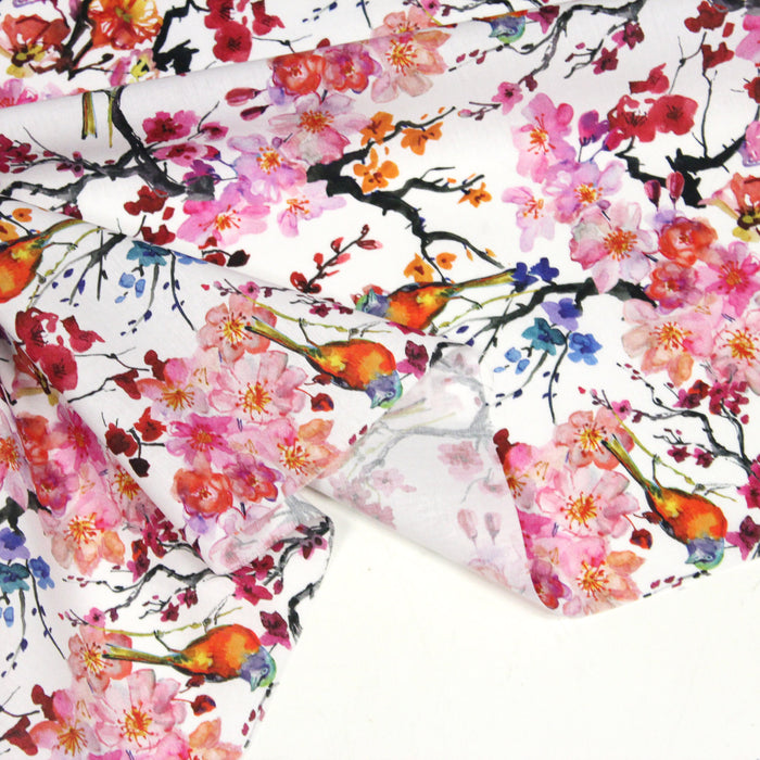 Tissu popeline de coton motif jardin japonais GUNMA MOYEN aux oiseaux et fleurs de cerisier